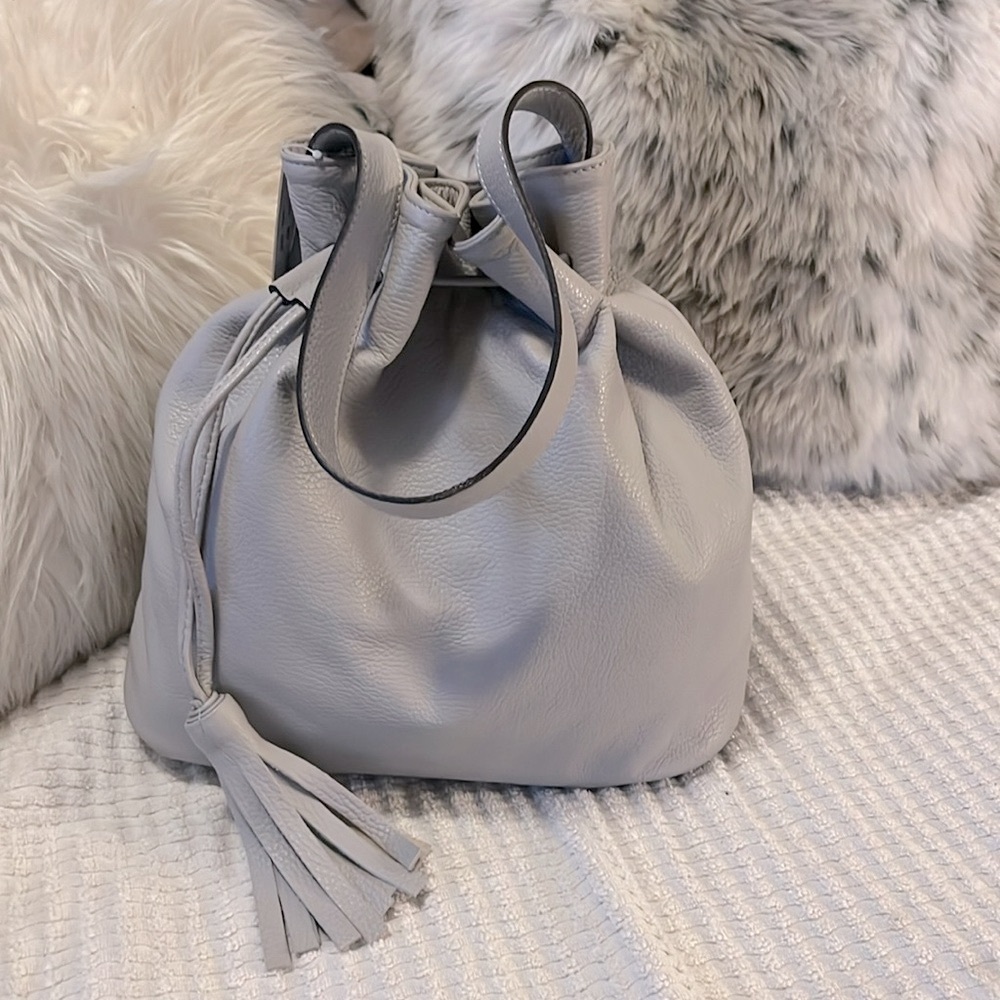 Light Grey Pebbled Leather Italy Hobo Bucket Bag Shoulder Purse by My Choice NEW